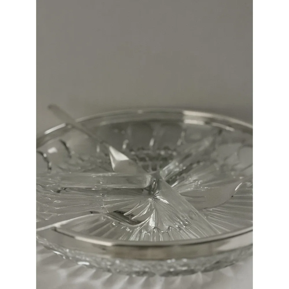 Vintage Leonard Silver Mtg. Silver plated  Crystal  divided tray w 3 small forks